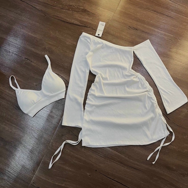 Set đầm trễ vai tay loa dây rút sườn - bra có mút