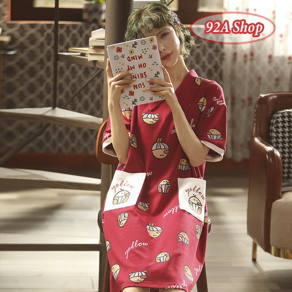 VÁY ĐẦM NGỦ COTTON VANG ĐỎ CÓ CỔ #03