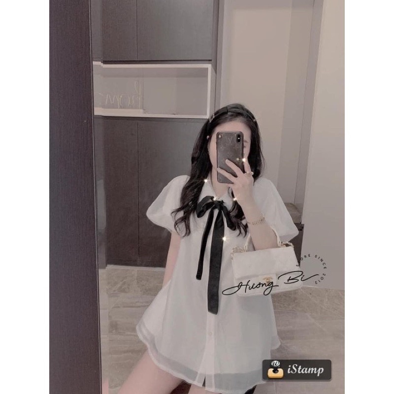 Áo sơ mi babydoll nơ đen tay bồng voan 2 lớp hàng đẹp