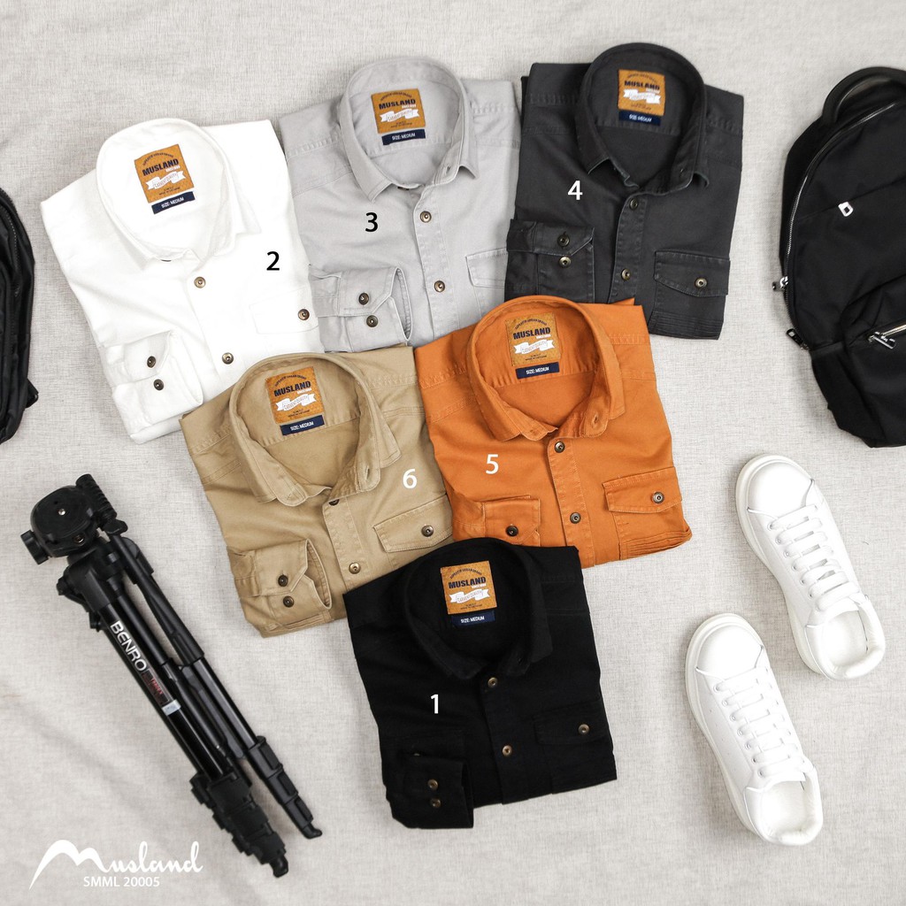 Áo sơ mi denim nam MUSLAND cổ bẻ 2 túi ngực màu đen 200501