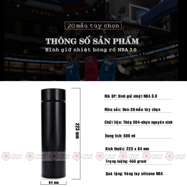 Bình Giữ Nhiệt Bóng Rổ NBA 3.0 Bình Đựng Nước 500ml Inox 304 Logo Kobe James Kyrie Harden Curry