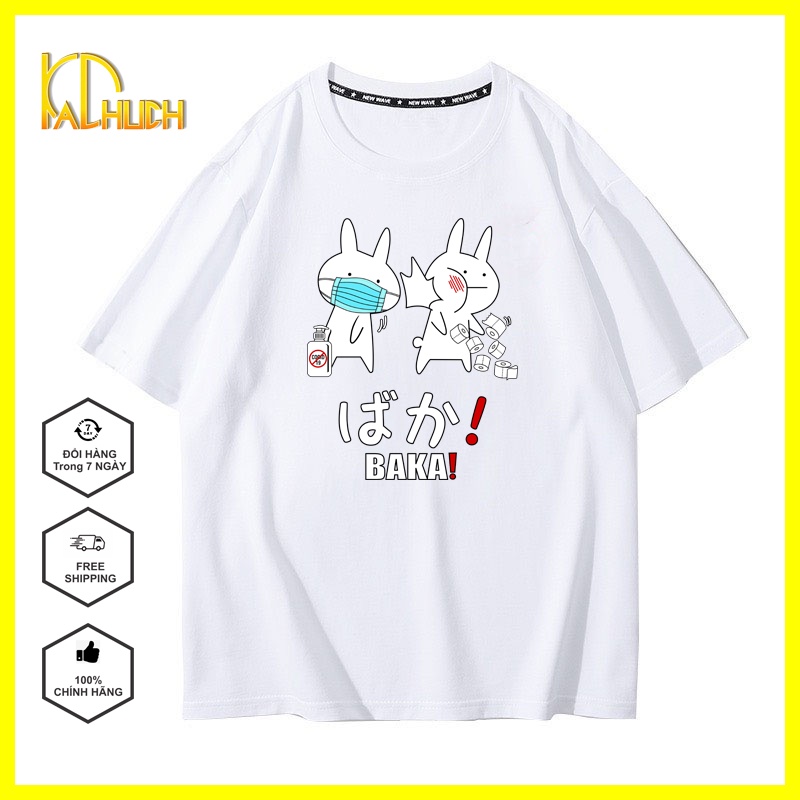 ÁO THUN NAM NỮ UNISEX TAY LỠ FORM RỘNG IN THỎ BAKA DỄ THƯƠNG FREESIZE DƯỚI 75KG