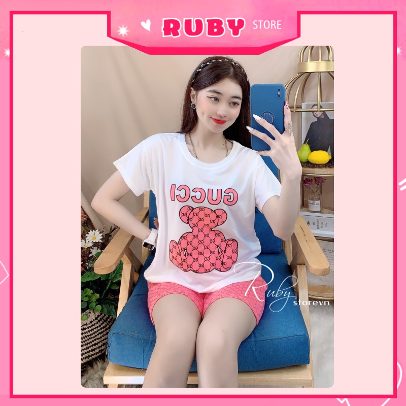 Đồ bộ nữ mặc nhà in Gấu dễ thương, chất thun mềm mịn Free Size Dưới 47KG ❤ Rubystorevn