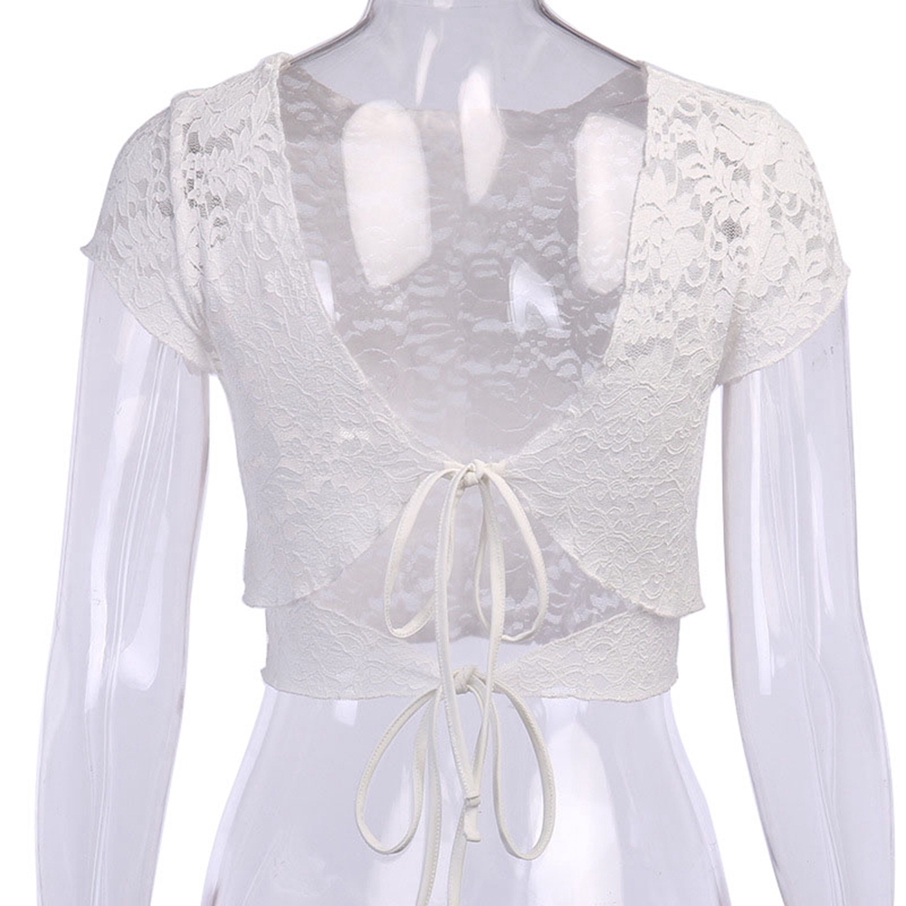 Áo kiểu crop top tay ngắn phối ren quyến rũ thời trang cho nữ