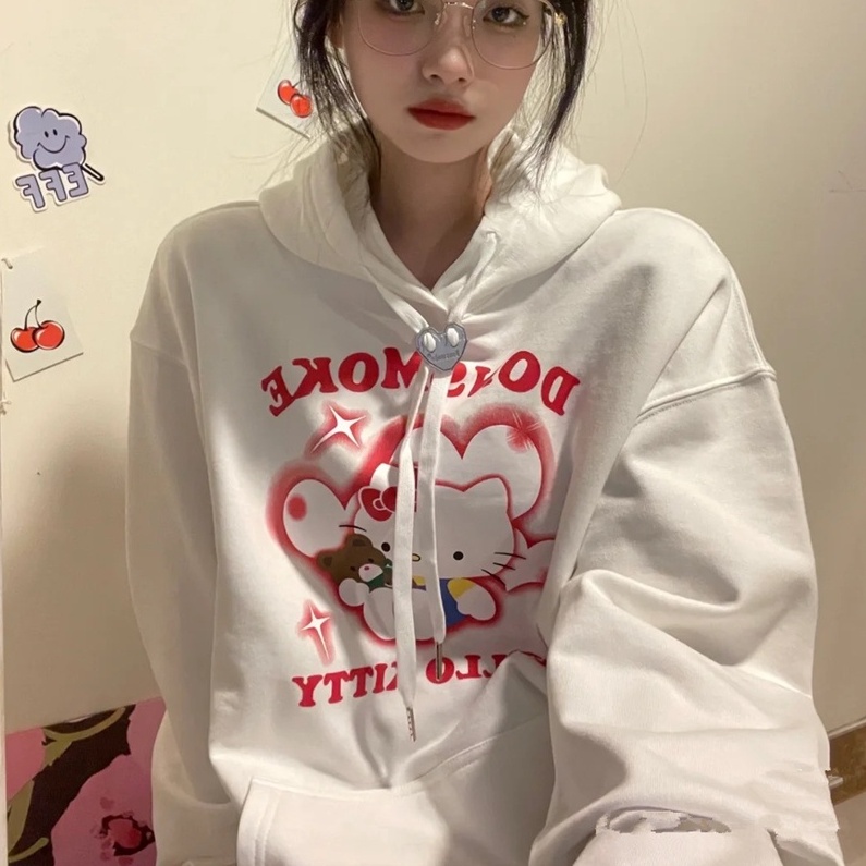 Áo hoodie ZHELIHANGFEI tay dài form rộng theo phong cách Preppy ngọt ngào