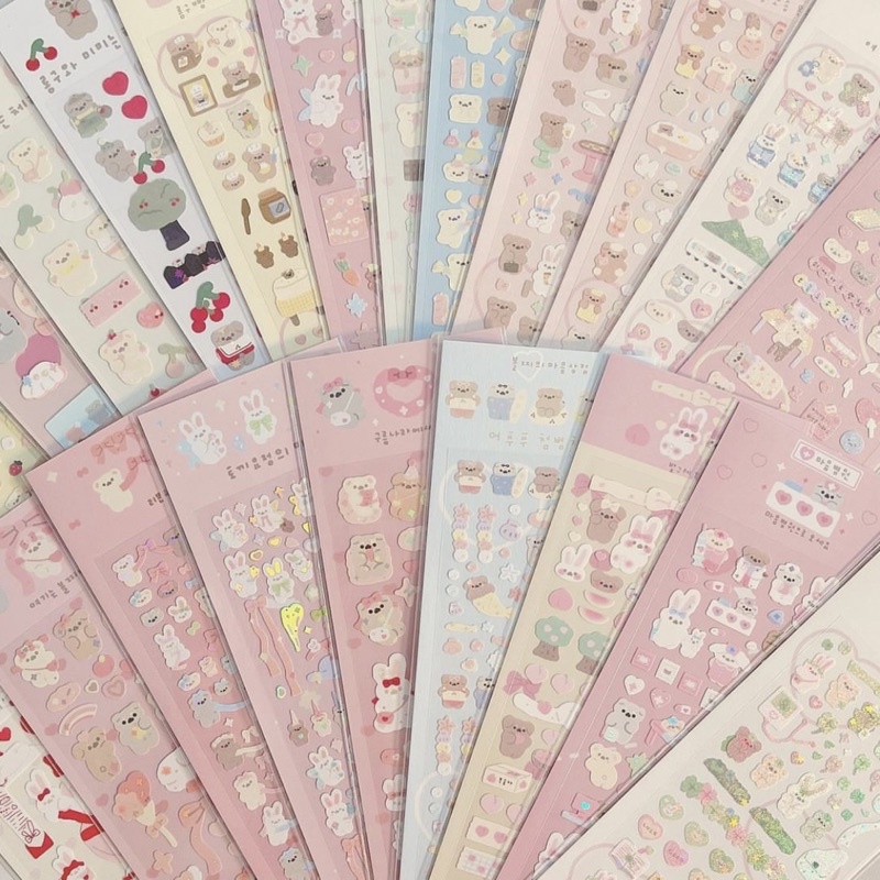 Sticker 15K - Nhãn Dán Mini Gấu Thỏ Có Nhũ Lấp Lánh Trang Trí Polcols/ Toploader Hàn Quốc