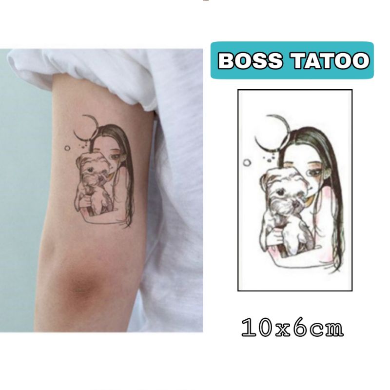 Hình xăm cô gái ôm cún c11.Tatoo dán tạm thời size &lt;10x6cm. Tomie style