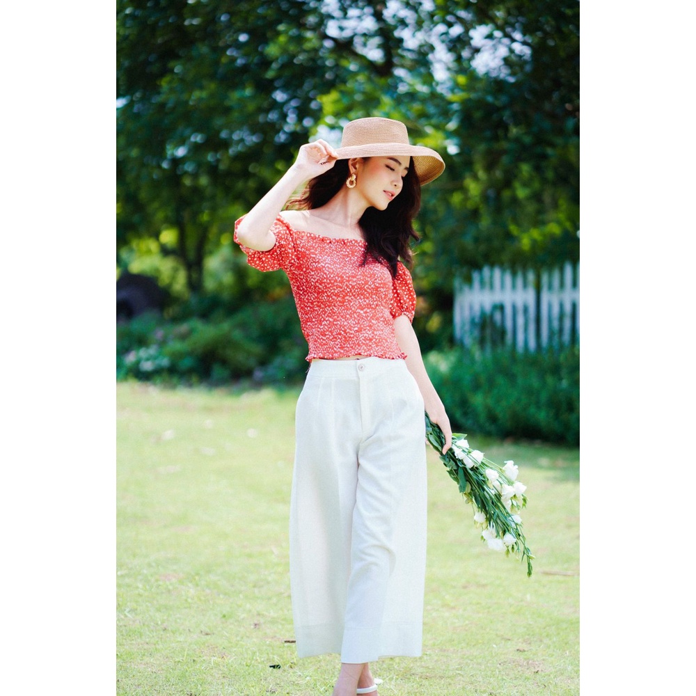 Áo sơ mi lụa đỏ tim trễ vai online exclusives NS2106189TSWORE