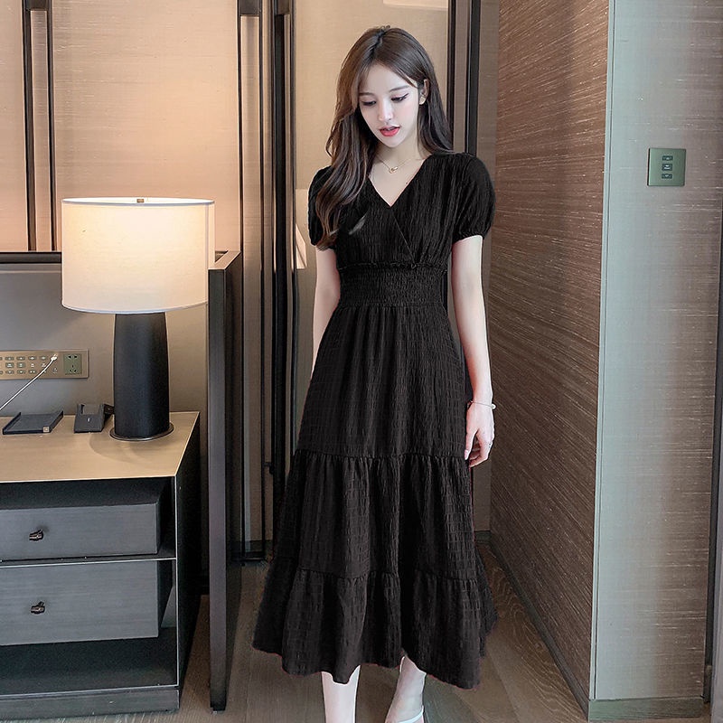 Đầm Dài Qua Gối Tay Ngắn Cổ Chữ V Phong Cách Mori Pháp Thời Trang Cho Nữ