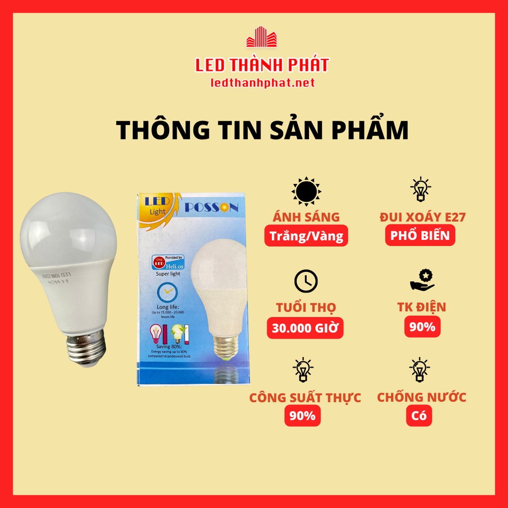 Bóng đèn LED BULB TRÒN 3w 5w 7w 10w 12w 15w chống nước siêu sáng tiết kiệm điện, LED POSSON bảo hành 12 tháng
