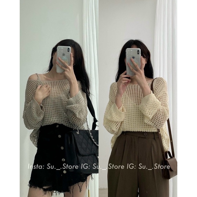 Set len hai chi tiết gồm áo len hai dây mix cùng áo lưới mỏng chất chơi