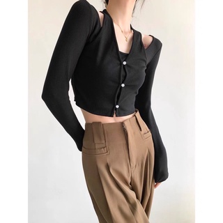 Áo tay dài phối yếm cúc thật dáng croptop a3