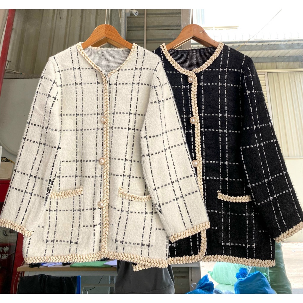 Áo dạ tweed nữ dáng ngắn Caro buộc nơ - Elly Clothings