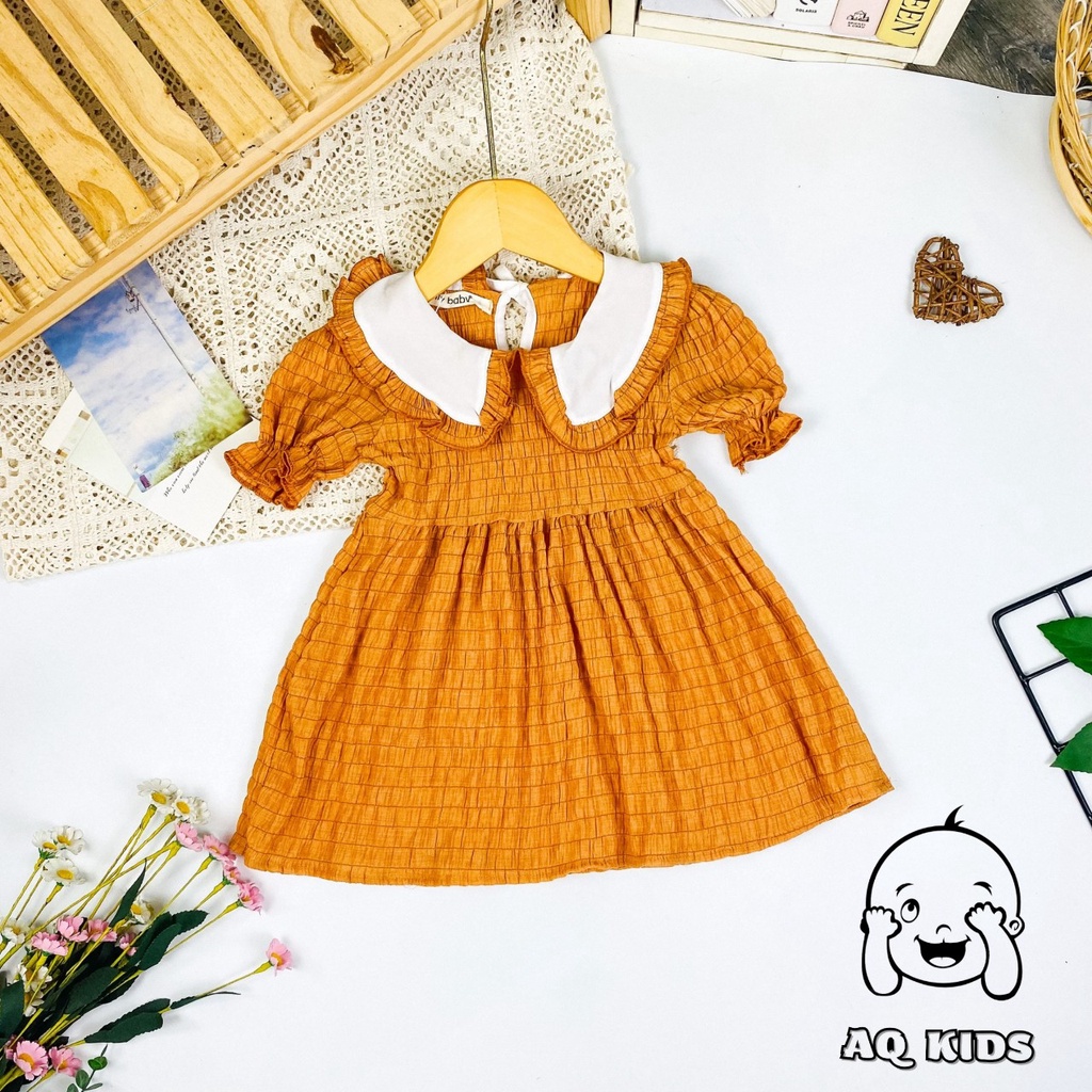 [Bé:20-32kg] Đầm Tiểu Thư Bé Gái MINLYBABY Vải đũi Nhẹ Mát, Thiết Kế Cổ Bẻ &amp; Tay Bó Chỉ Thun Gọn Gàng Unibaby DTT