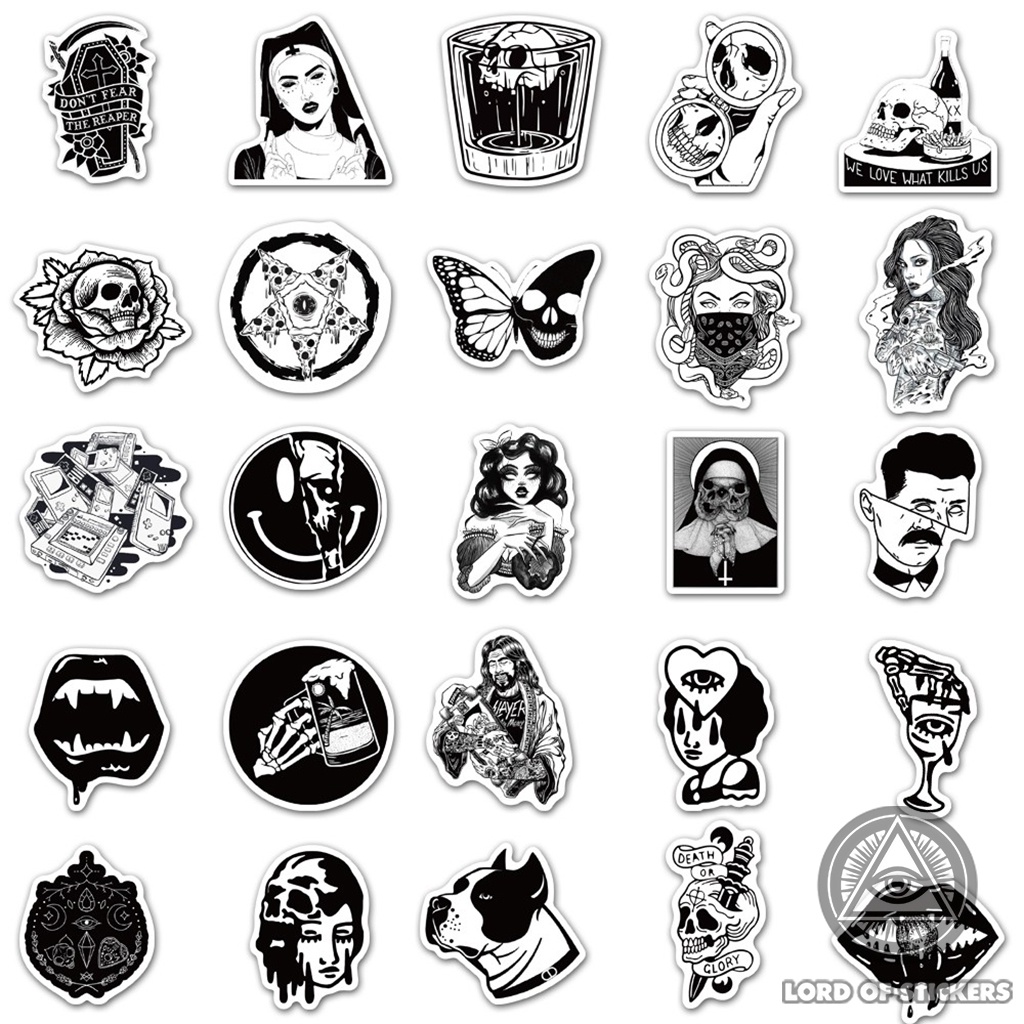 Set 100 Nhãn Dán Đen Trắng Graffiti Gothic Sticker Chống Thấm Nước Trang Trí Mũ Bảo Hiểm, Laptop, Điện Thoại, Đàn Guitar