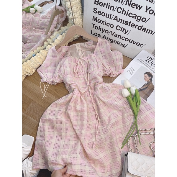 💥CÓ SẴN💥 Đầm carro hồng nhíu ngực công chúa kute ♥️ẢNH THẬT♥️