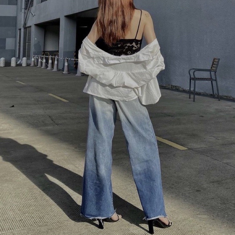 Quần jean nữ ống rộng màu xanh loang chất dày mịn , không có dãn chuẩn size 40-52kg HUYNE Denim