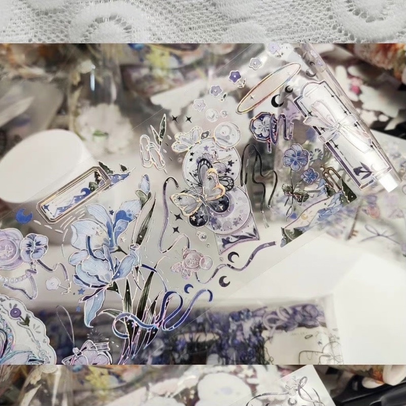 Băng dính washi tape PET tape hoạ tiết hoa tím nhà ISLAND TIDE STUDIO