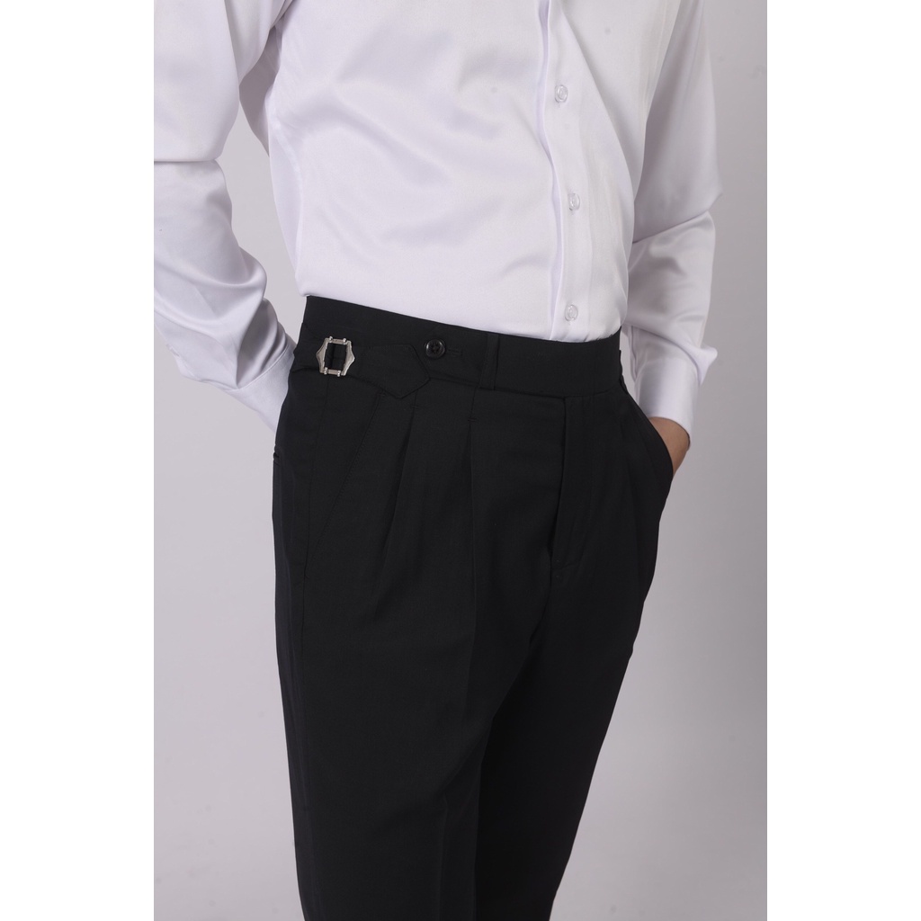 Quần Âu Đen Tím Than Cạp Cao Sidetab ống Lơ Vê - GEELE