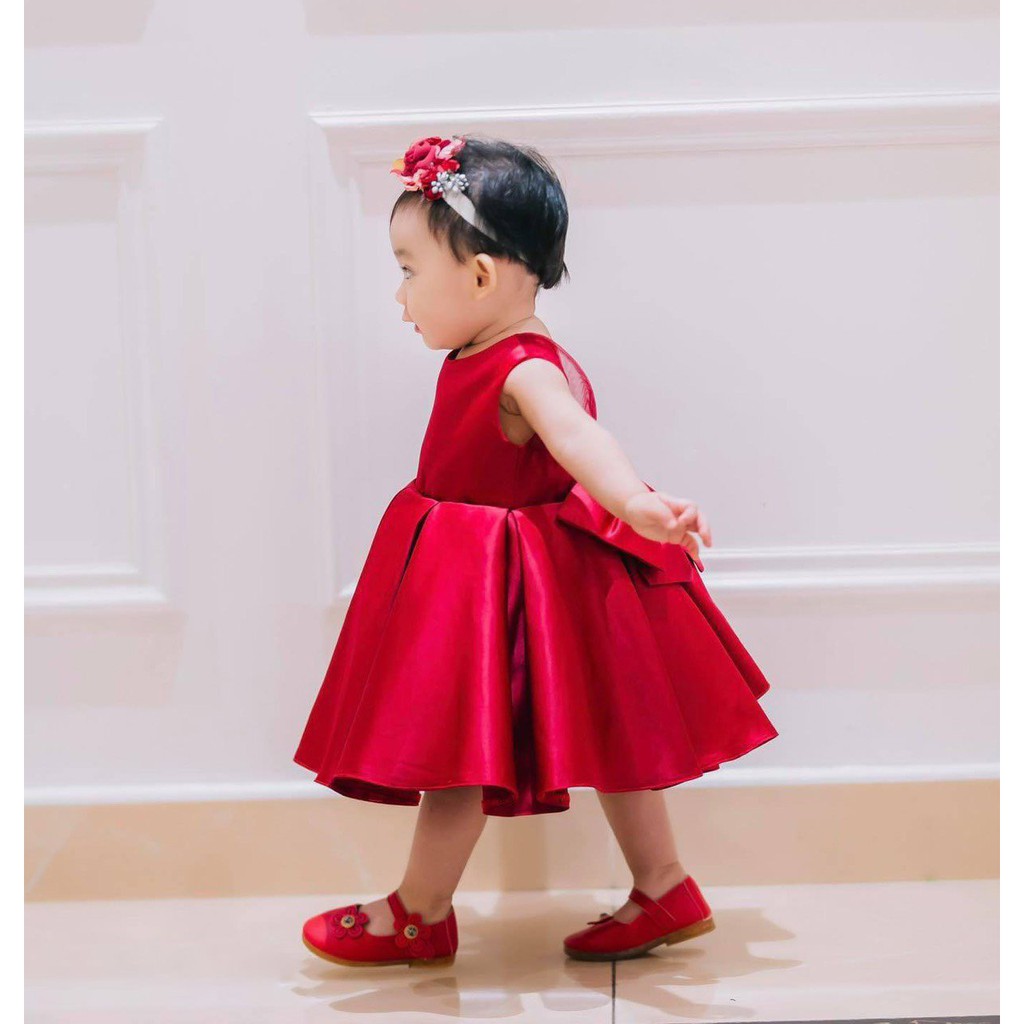 Váy đầm công chúa bé gái đỏ nơ to sau lưng lụa tơ cao cấp