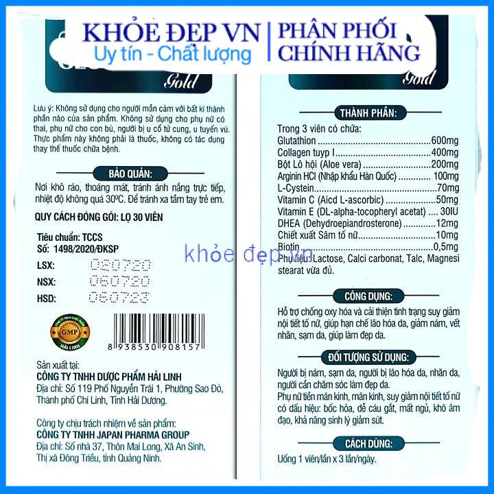 Viên uống trắng da, giảm lão hóa , chống nám tàn nhang Collagen Glutathion hộp trắng 30 viên