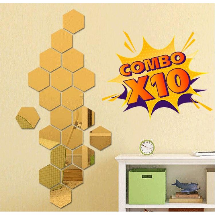 [GÍA BAO RẺ] COMBO 10 Bộ 12 miếng gương dán tường 3D hình lục giác