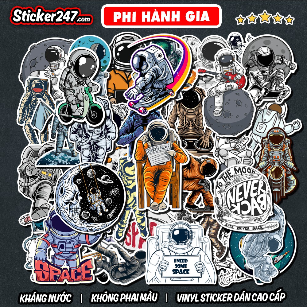 Sticker Phi Hành Gia, Space, Galaxy 🌈Freeship Sticker Vũ Trụ, Decal Dán Mũ Bảo Hiểm, Laptop, Vali, Guitar, Điện Thoại