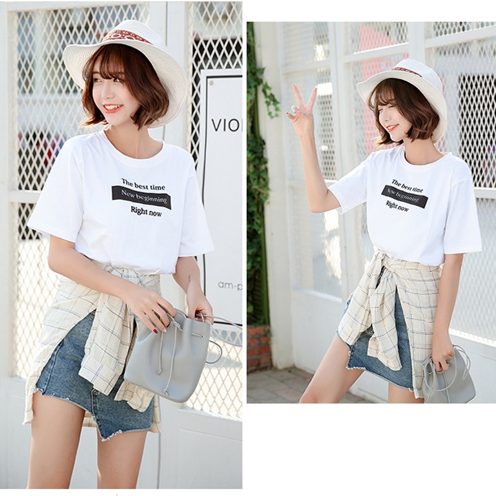 Áo Thun Nữ Tay Lỡ Unisex Màu Trắng In Họa Tiết Chữ The Best Time New beginning Right now ATN687