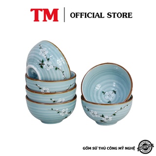 Bộ 06 Bát Chén Ăn Cơm Men Lam Ngọc Hoa Đào Trắng Xưởng Gốm TM Bát Tràng
