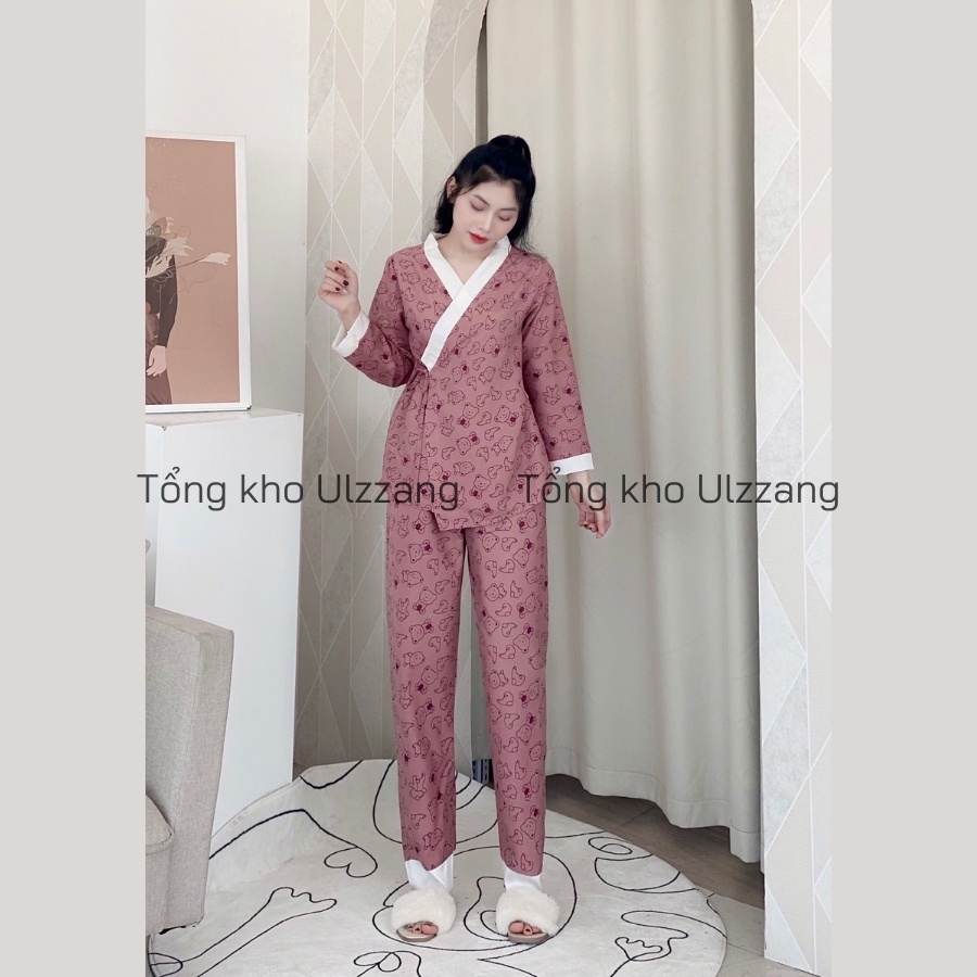 Bộ Ngủ Pijama Kimono Dài Tay Phối Viền Họa Tiết Dễ Thương | BigBuy360 - bigbuy360.vn