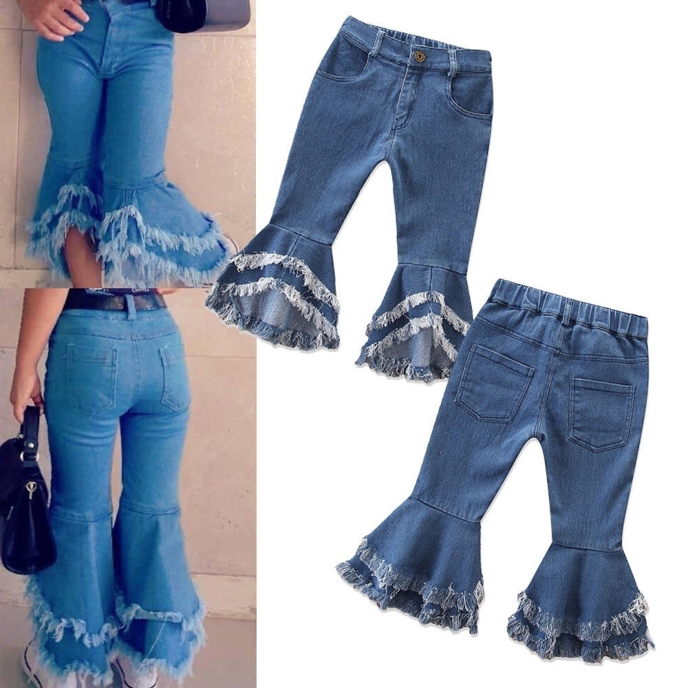 Quần jeans ống loe thiết kế rách lai độc đáo cho bé gái