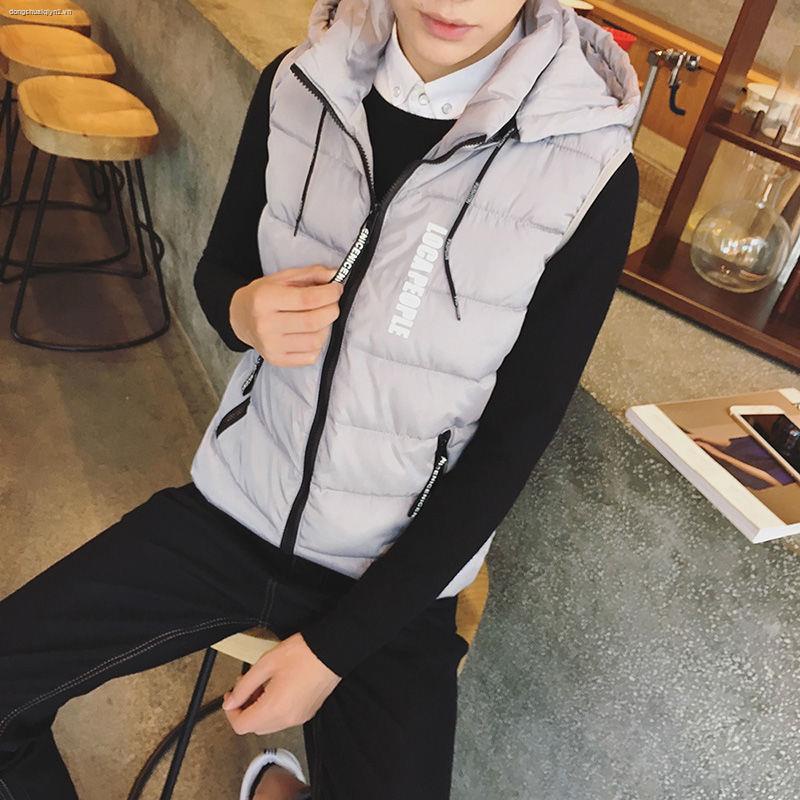 Áo khoác phao sát nách dáng rộng có mũ trùm đầu phong cách Hàn Quốc thời trang thu đông dành cho nam