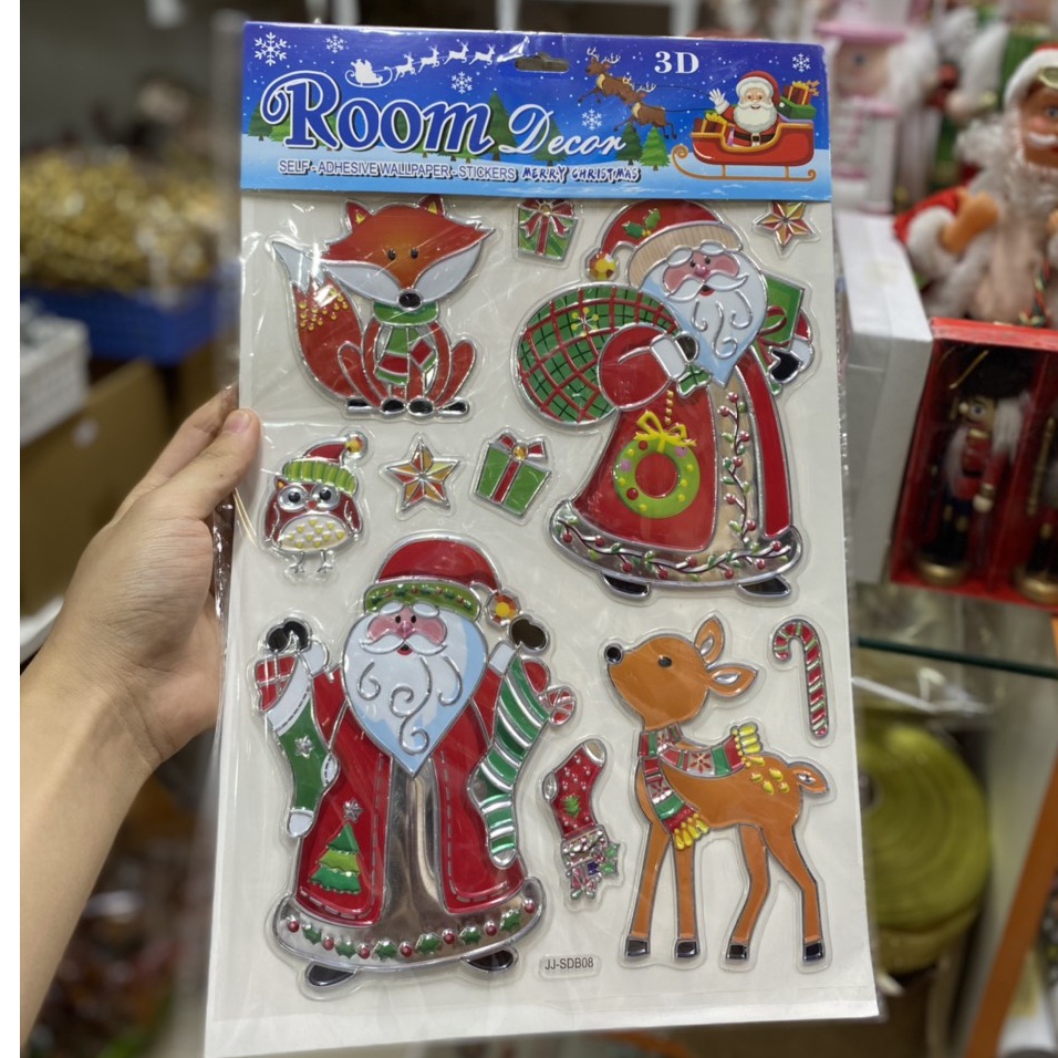 Decal Sticker nổi 3d Giáng sinh phát sáng 40cm x 25cm dán tường, kính trang trí Noel (mẫu 2)