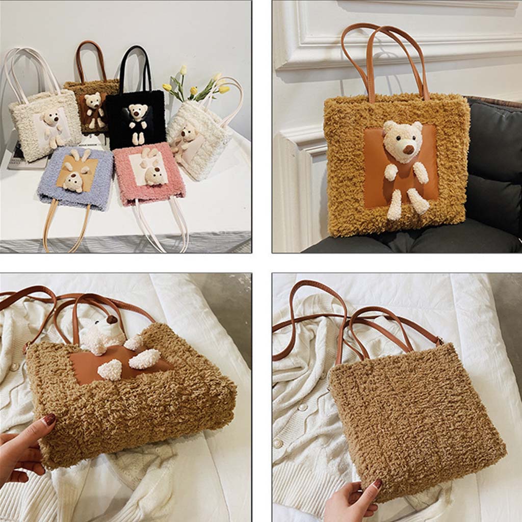 Túi handmade, Túi tự đan len xù Vuông kèm gấu LEN05 có video hướng dẫn Kawaii_Handmade