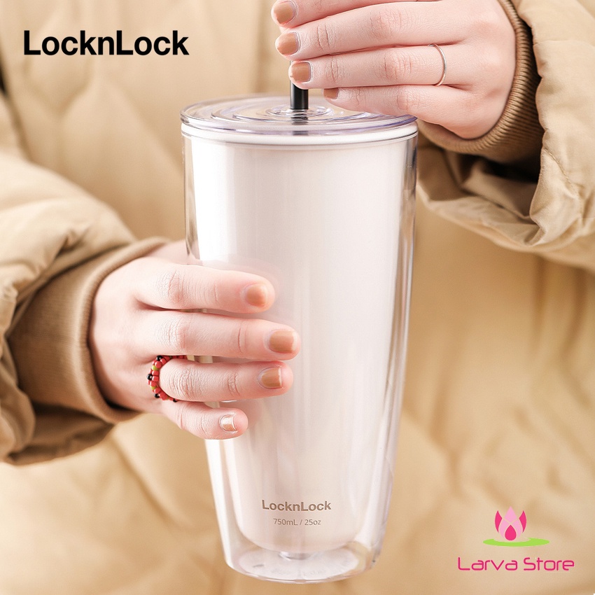 Ly nhựa 2 lớp Lock&Lock kèm ống hút HAP507 IVY màu ngà - Larva Store