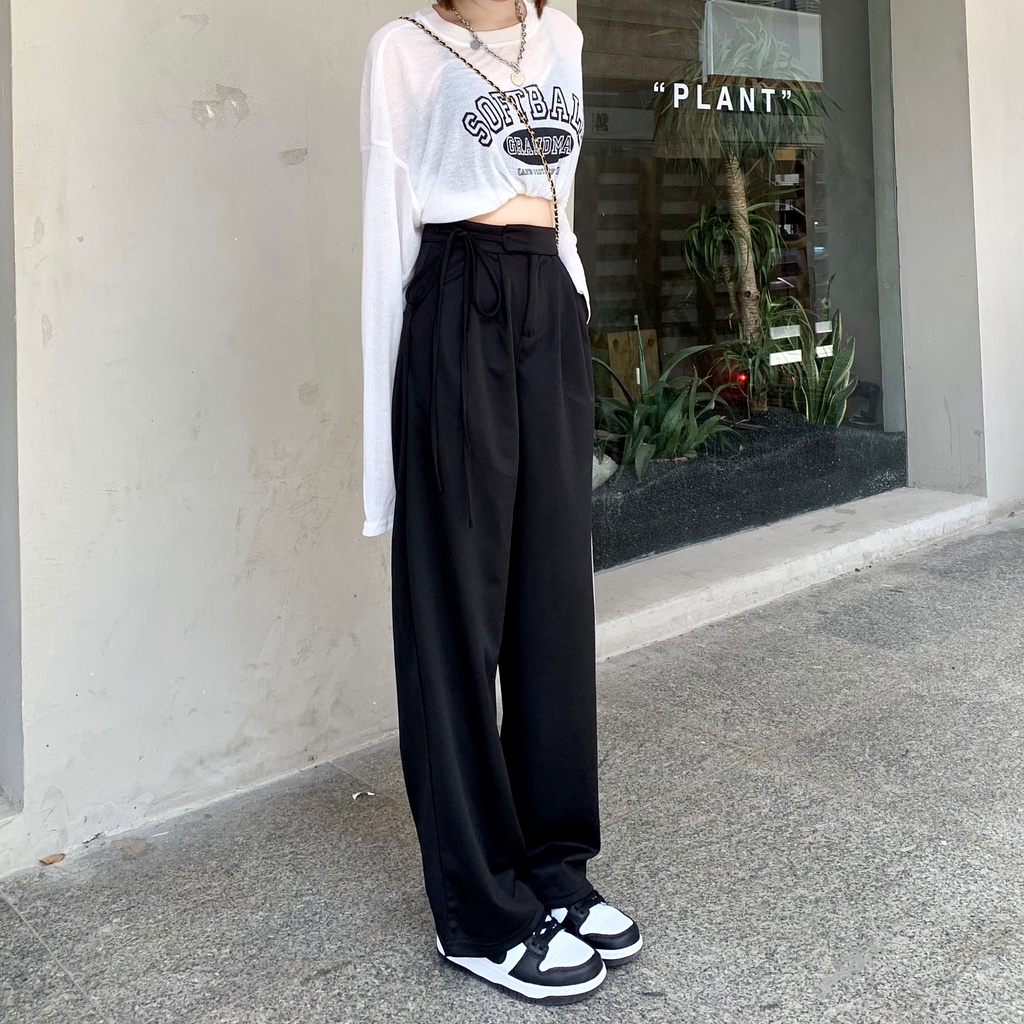 Ethelgirl Quần Dài Ống Rộng Lưng Cao Phong Cách Hàn Quốc Năng Động Thời Trang Cho Nữ
