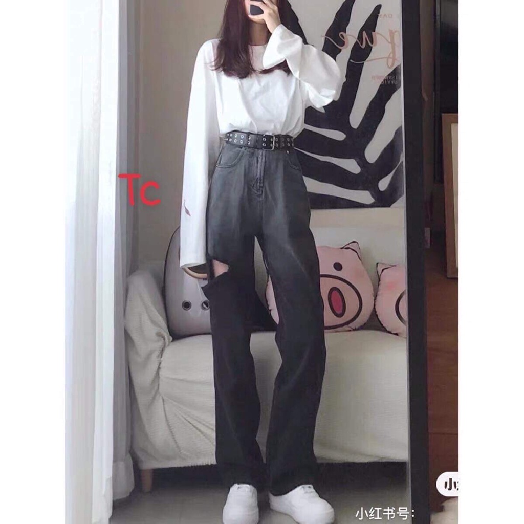 Quần Jeans bò loang rách và trơn,Quần ống rộng bò cạp cao dáng siêu dài | BigBuy360 - bigbuy360.vn