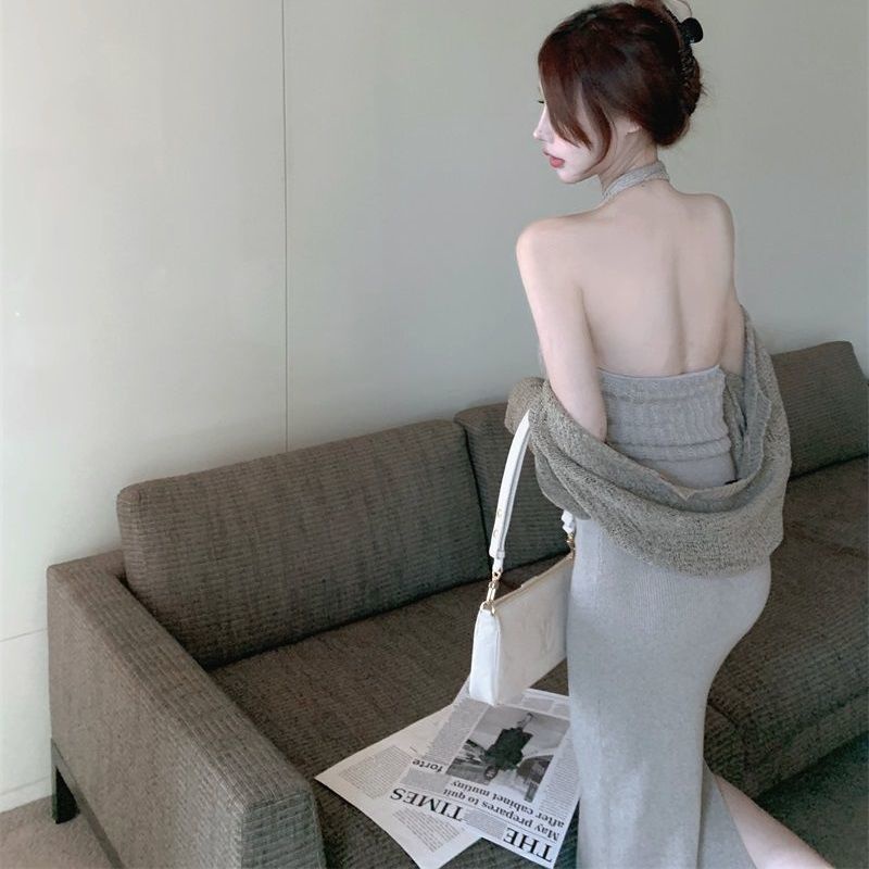 Set đầm cổ yếm hở + áo khoác tay dài phong cách retro thời trang mùa thu cho nữ