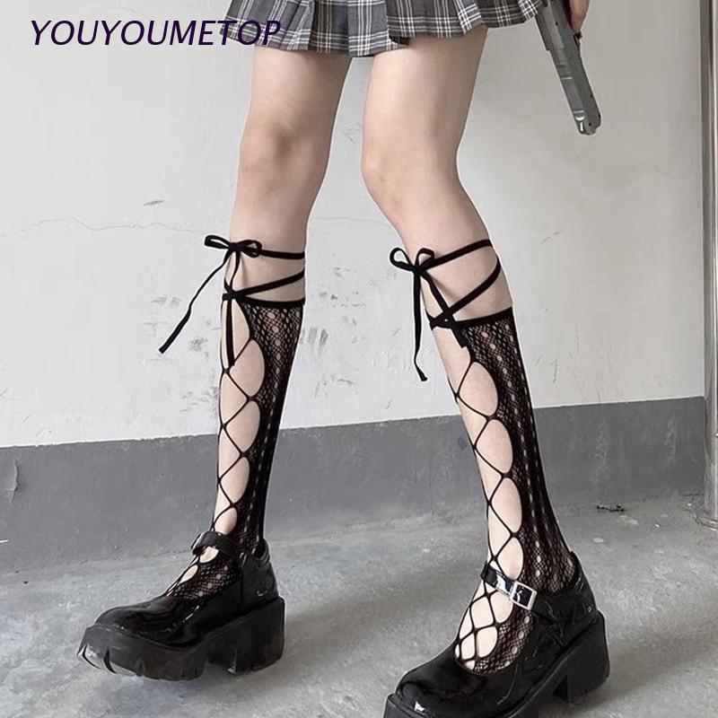 Vớ cao đến bắp chân xuyên thấu buộc dây phong cách lolita gothic dành cho nữ