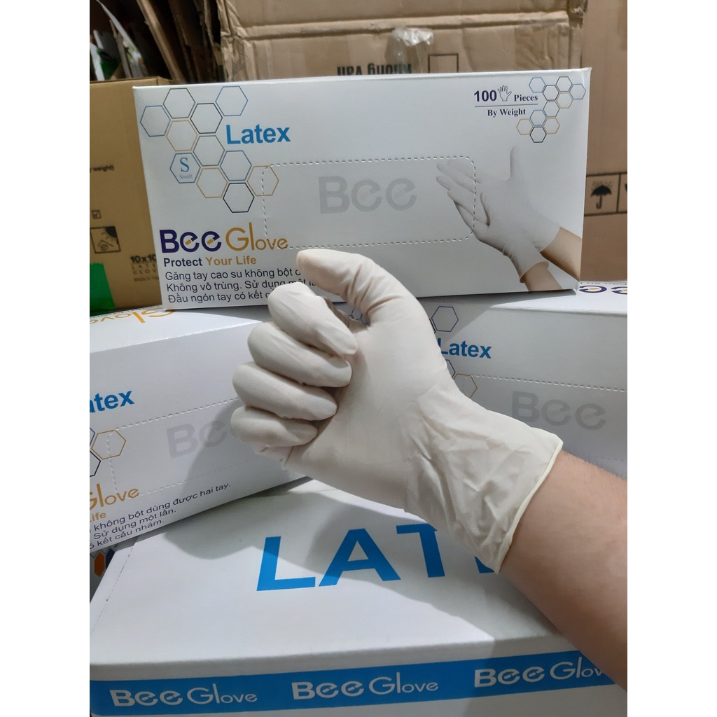 Hộp 50 đôi  Găng tay cao su y tế BEE GLOVE Latex , không bột chính hãng Màu Kem 6.0gr - Size S,M,L