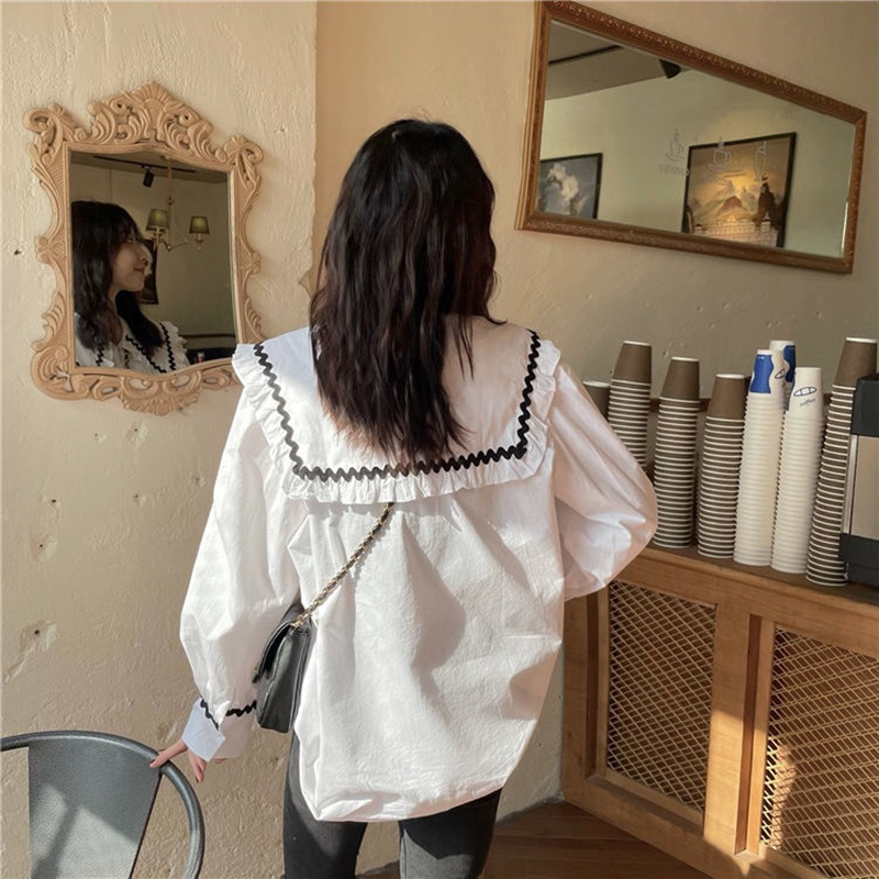 Áo sơ mi trắng tay dài dáng rộng cổ búp bê thời trang cho nữ