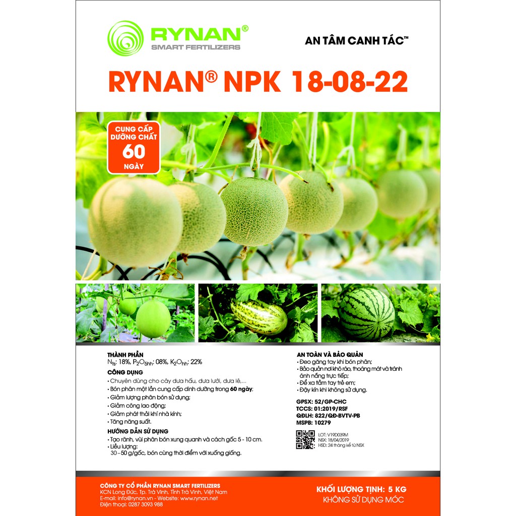 NPK 18-08-22(5Kg) giai đoạn kinh doanh(2-3 tháng) dành cho cây ăn trái(xoài, mít, nhãn, sầu riêng, dưa lưới...)