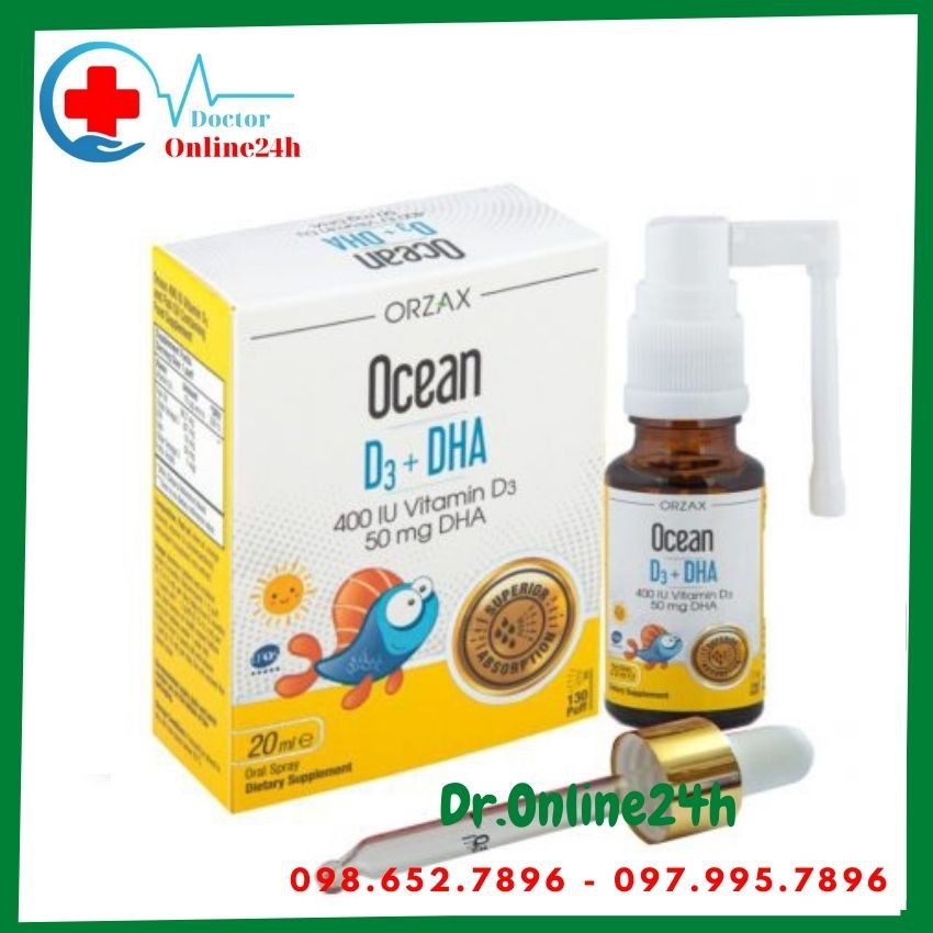 Ocean D3 DHA Vitamin d3 dha cho bé Dầu cá Omega 3 Canxi Tăng chiều cao Phát triển trí não cho trẻ Xịt Nhỏ giọt Lọ 20ml