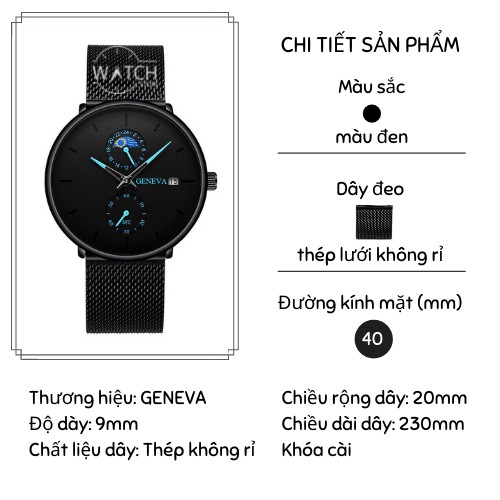 Đồng hồ nam dây lưới chính hãng GENEVA thời trang cao cấp kim dạ quang có lịch ngày | BigBuy360 - bigbuy360.vn