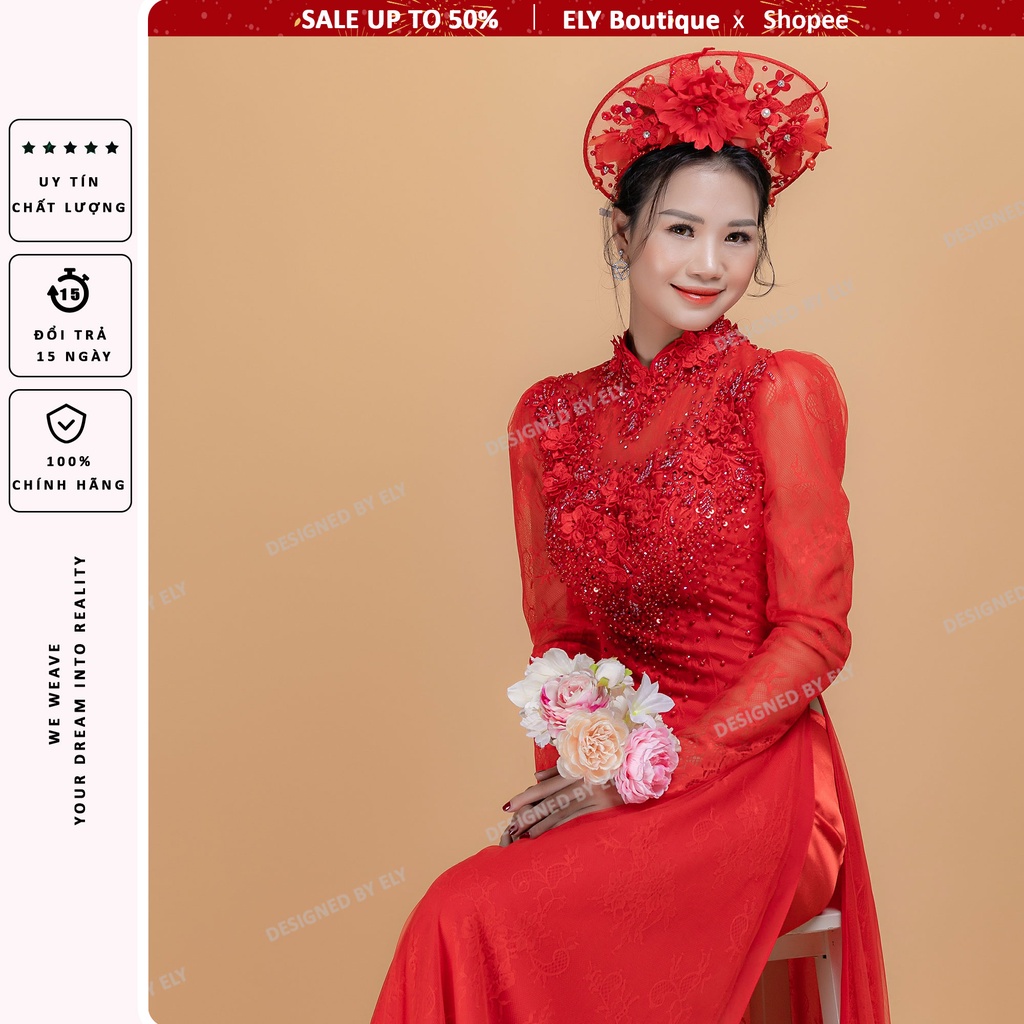 Áo dài cưới đẹp truyền thống ELY Boutique, áo dài đỏ đính kết đẹp, 3 lớp 6 tà