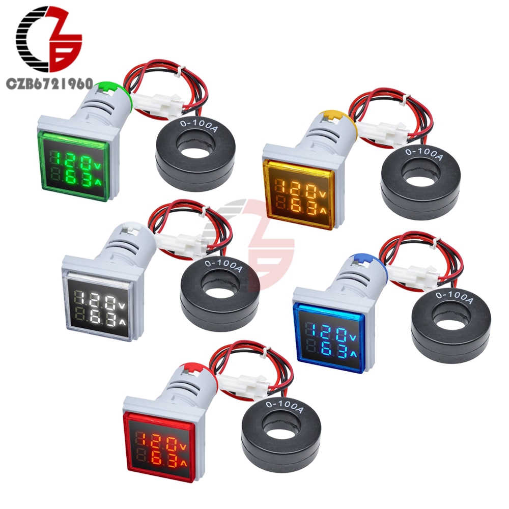 22mm AC 50-500V 0-100A LED Digital Voltmeter Ammeter Square Voltage Current Meter Volt Detector Tester Monitor 220V 110V