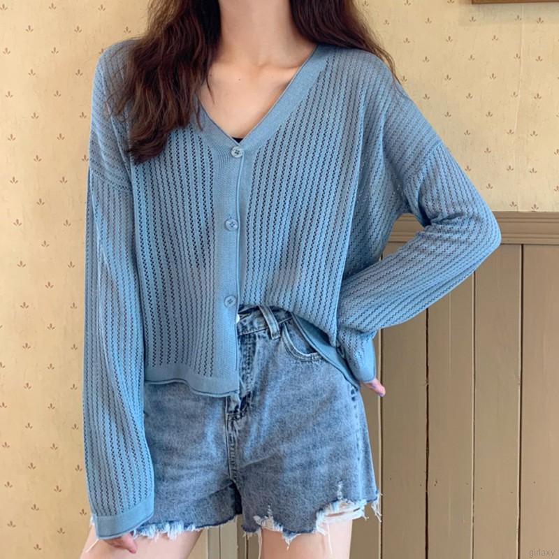 Áo Cardigan Dệt Kim Tay Dài Cổ Chữ V Màu Trơn Phong Cách Hàn Quốc Đơn Giản