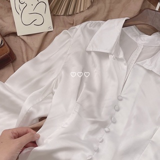 Áo sơmi phi lụa nút bọc cách điệu phối nơ lưng