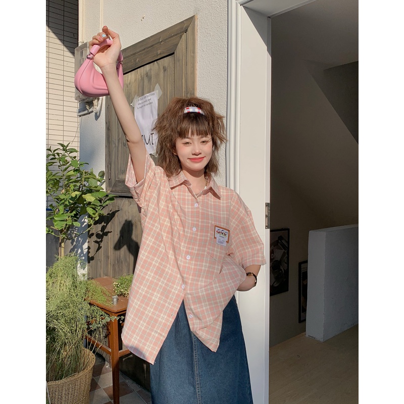 Áo sơ mi tay ngắn họa tiết kẻ sọc ca rô phong cách Hàn Quốc thời trang dành cho nữ