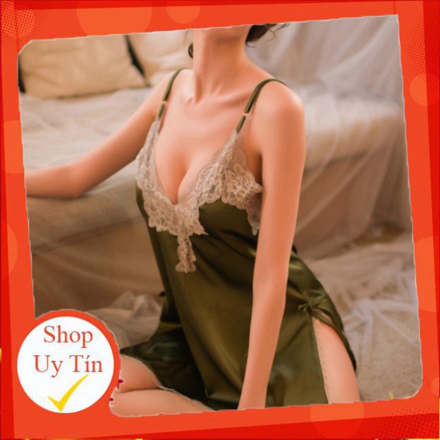 Váy ngủ satin lụa xẻ 2 lai sexy 🔥Freeship 50k🔥bigsize ML 62KG đồ ngủ lụa phối ren sale giá rẻ đầm ngủ cao cấp